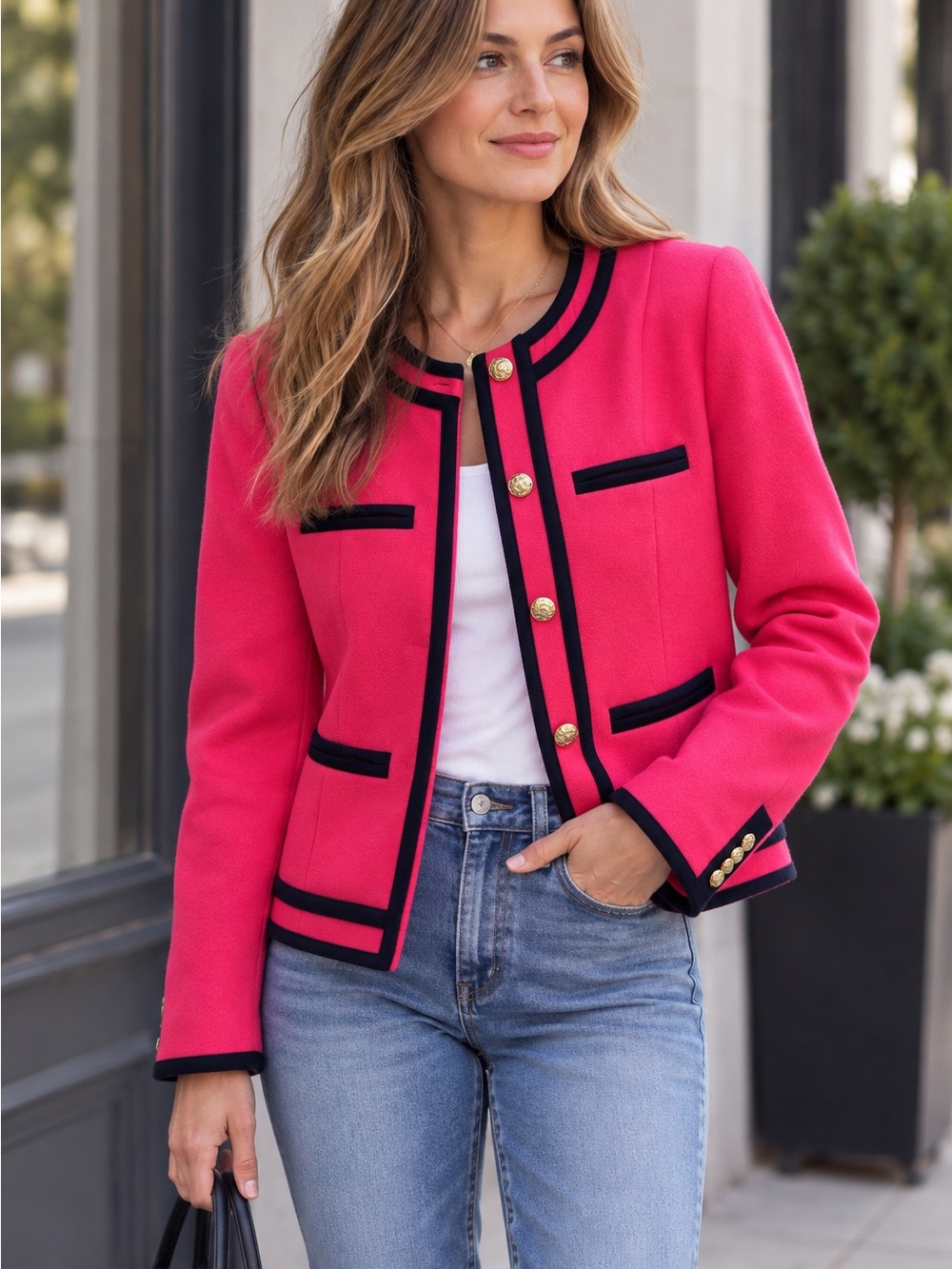 J.Crew Bright Berry Pink Wool Lady Jacket Navy Trim Gold Buttons